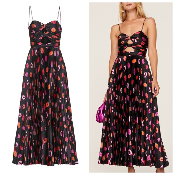 AMUR Afra Pleated Black Bisou Pink Red Lips Lip Kisses Midi Dress - Size 8 - Picture 1 of 13